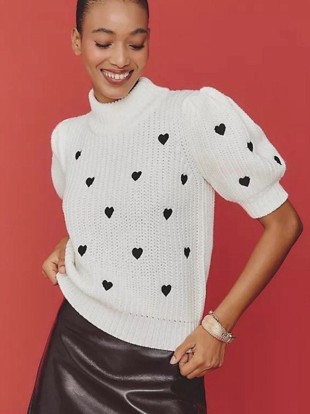 English Factory Cream Mock-Neck Sweater with Black Heart Motif